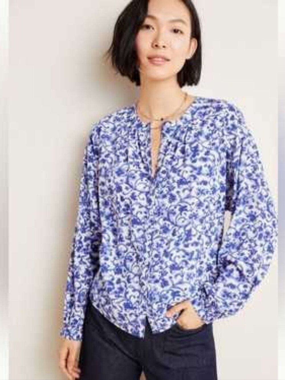 Anthropologie Pilcro,Floral Print Long-Sleeve Blouse - Blue, Sz Small, Like New